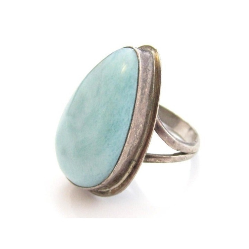 Huge Aqua Blue Art Glass Chalcedony Tear Drop Sterling Silver Ring Size 6‎
